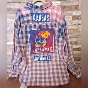 Kansas University Jayhawks Upcycled Dip Dye Bleached Flannel Shirt